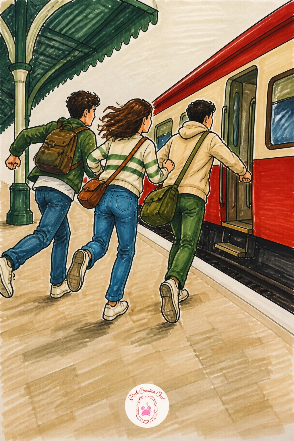 Friends Running for a Train — Close the list with the most energetic scene of all: two or three friends running together across the platform, trying to catch a