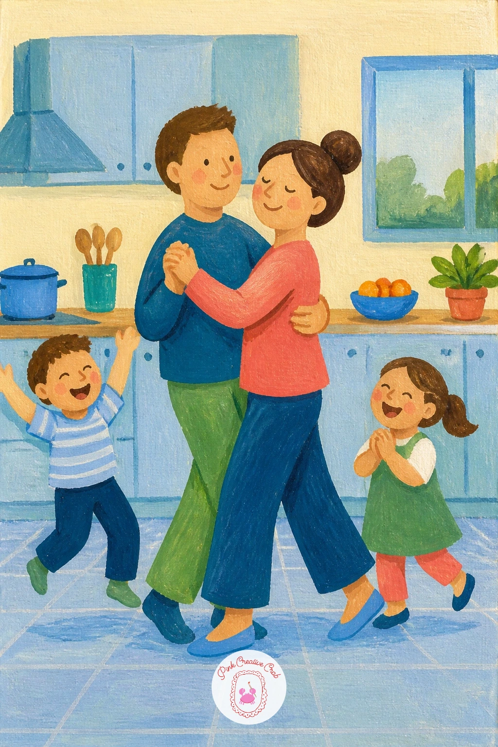 Parents Dancing in the Kitchen While Kids Laugh — Work out the kitchen first as a few flat shapes: a counter edge, maybe a window square, nothing fussy. Family