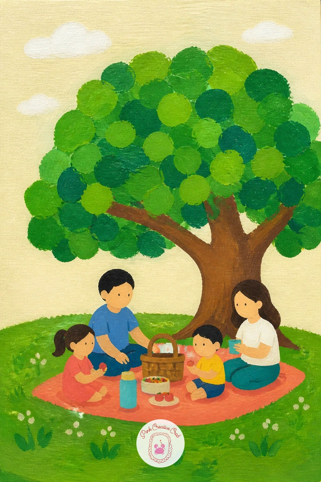 Family Picnic Under a Big Tree — Start with the tree, since it sets the scale for everyone sitting under it. Family painting