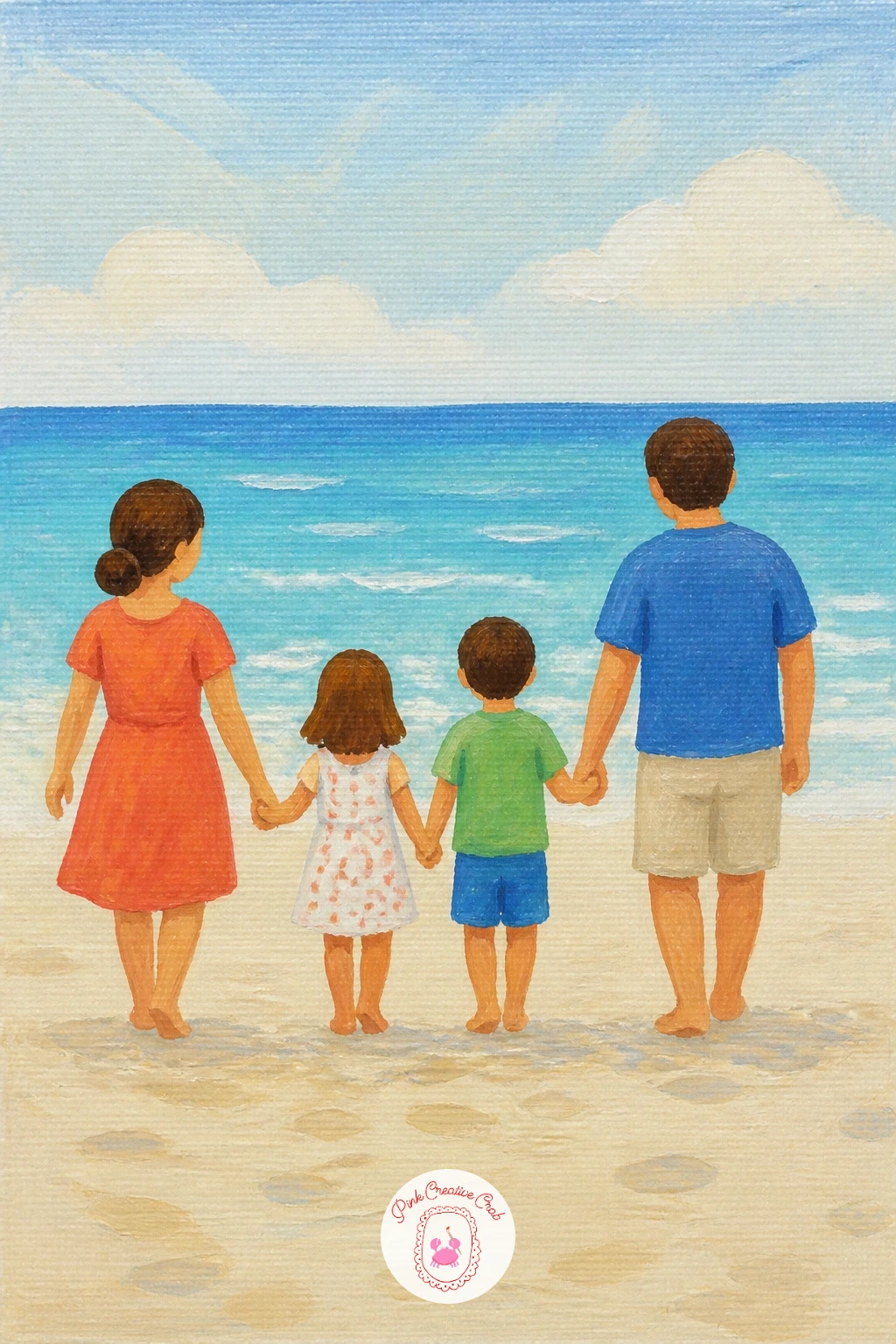 Family Walking on the Beach Holding Hands — Lay the beach down in three flat bands before anyone enters the scene: pale sky, a strip of soft blue sea, and a