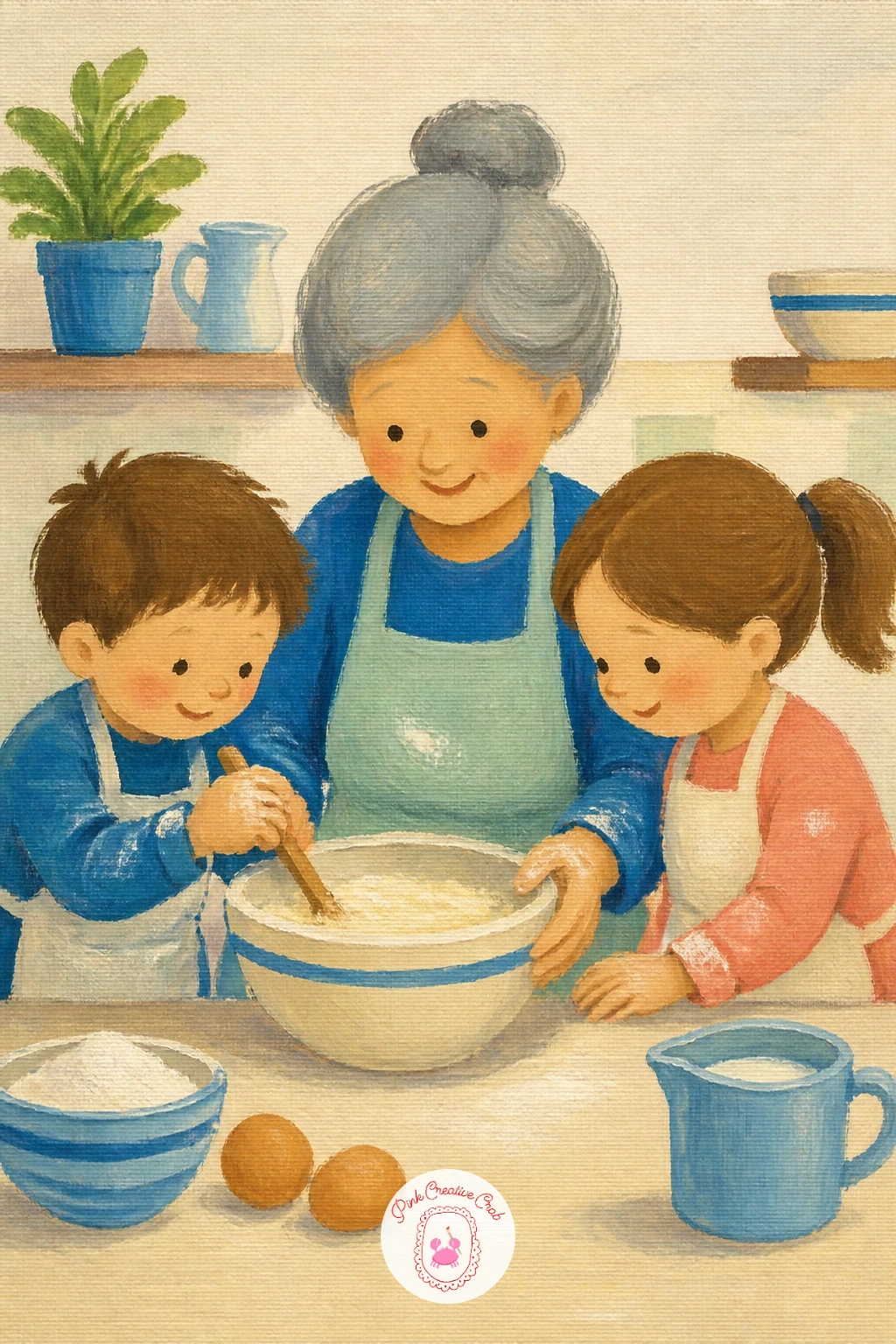 Grandmother Baking with Her Grandchildren — This scene follows naturally from a kitchen moment, but now the counter becomes the main stage. Family painting