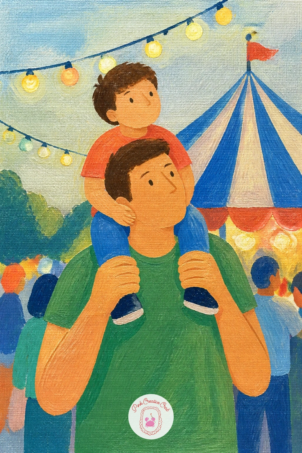 Dad Carrying a Child on His Shoulders at a Fair — Build the fair behind them first as a few simple shapes: a striped tent triangle, a string of small round