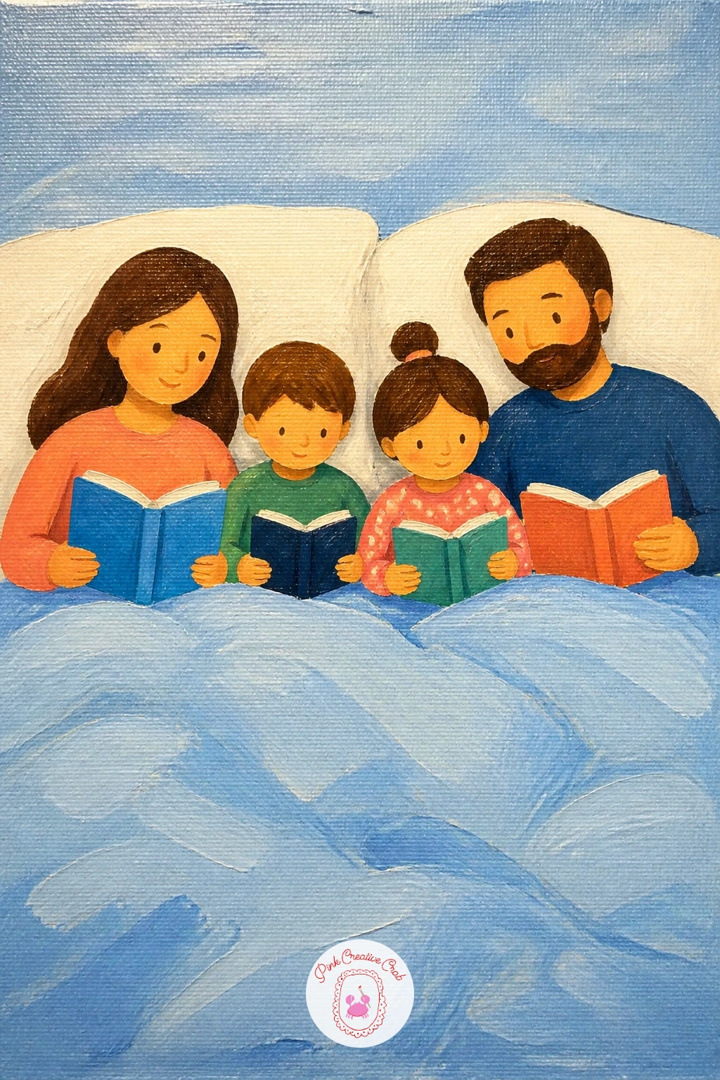Family Reading Together on a Big Bed — Lay the bed down as one large pale rectangle filling most of the lower canvas, since the bedding is the stage everyone