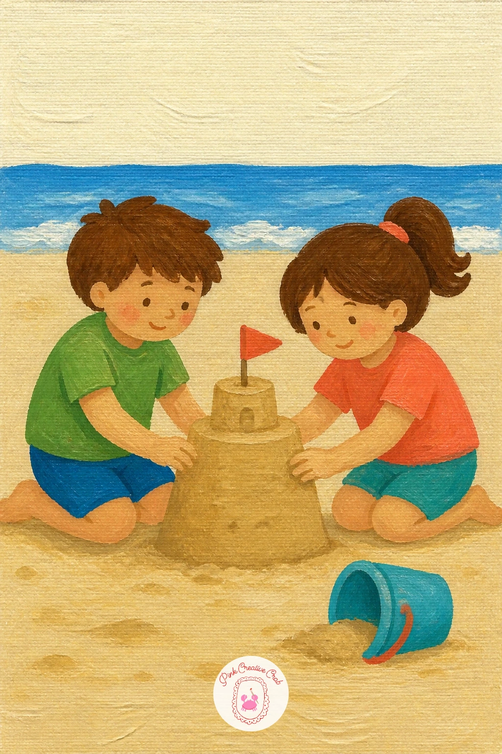 Siblings Building a Sandcastle — Start with the sand itself as a warm cream band across the lower third of the canvas, then build the castle as a stack of