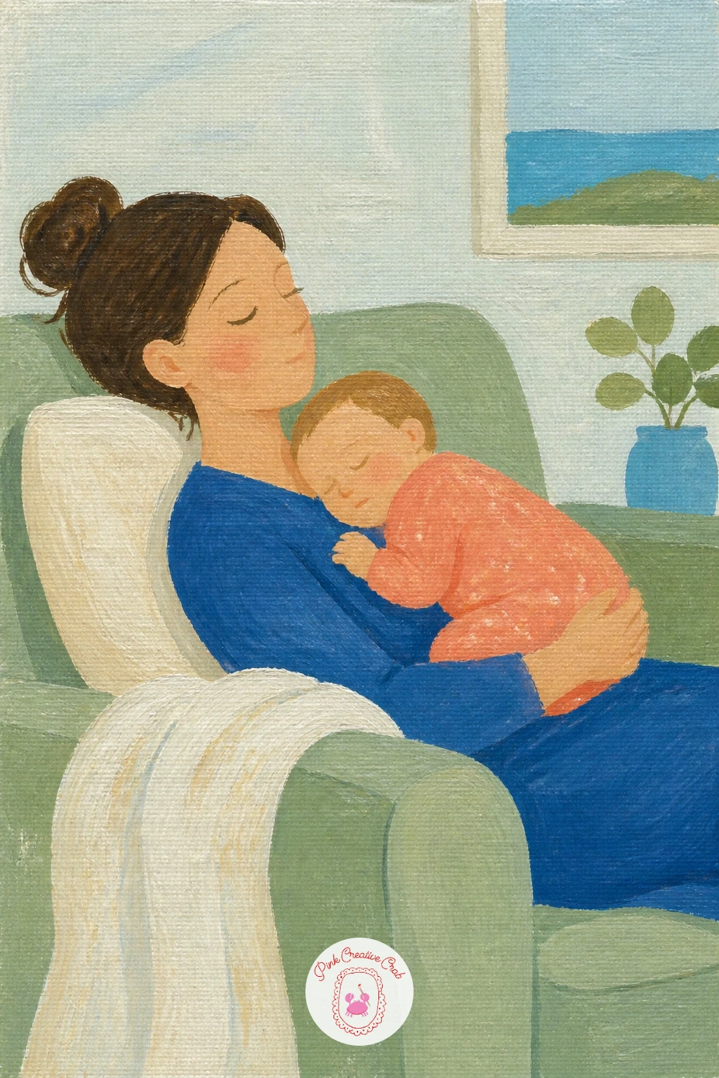 Mom and Baby Napping on a Sofa — Paint the sofa first as one large soft shape, rounded at the arms, in a muted blue or sage so it reads as upholstery rather