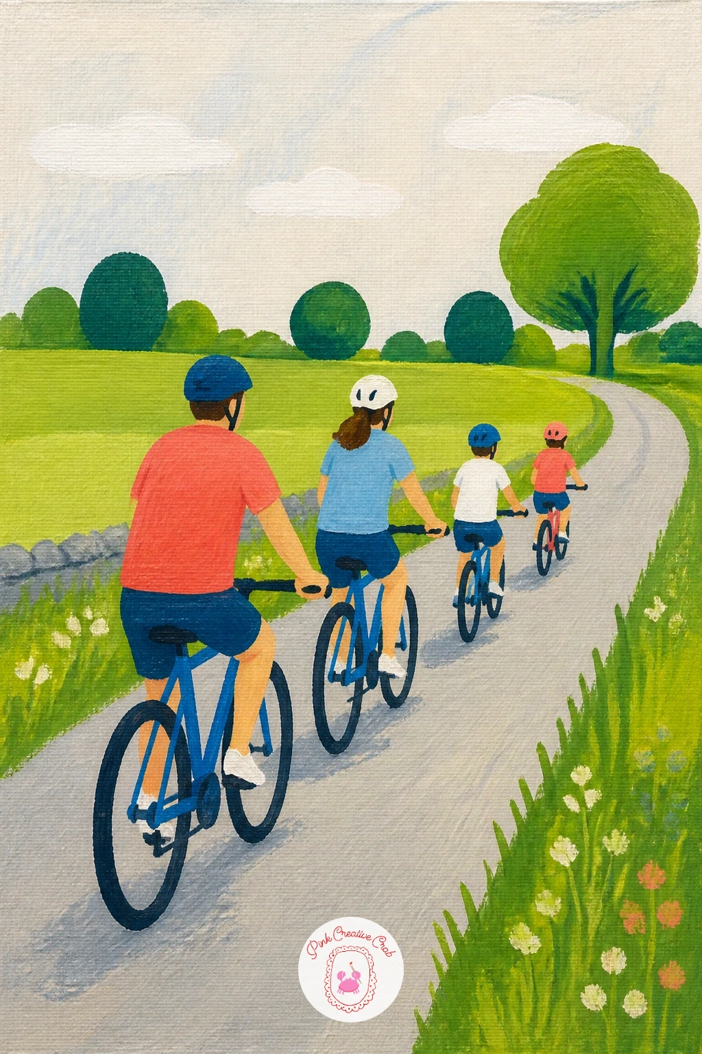Family Bike Ride Along a Country Road — Lay the road down as a pale grey band curving gently across the lower canvas, with soft green fields in flat blocks on