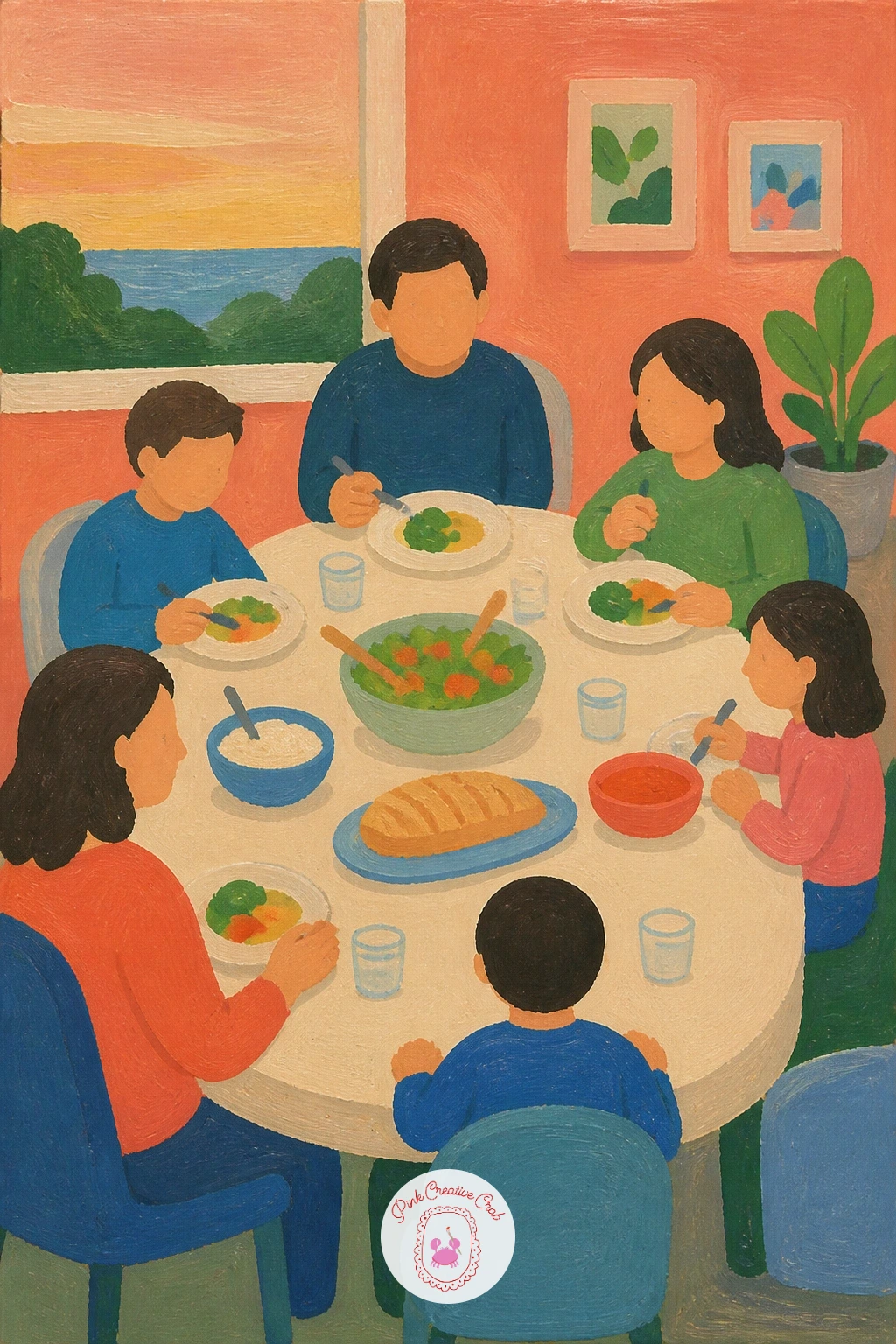 Family Gathered Around a Dinner Table — Paint the table itself first as a simple oval or rectangle in warm cream, since it anchors every figure around it.