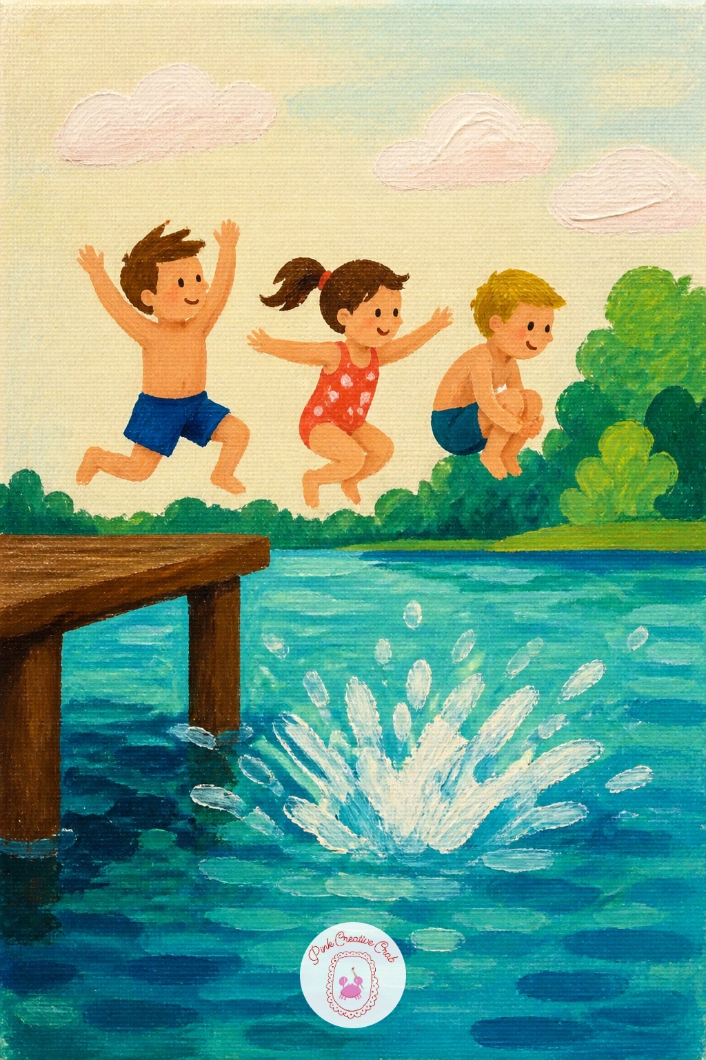 Kids Jumping Into a Lake From a Dock — Lay the lake down first as a flat blue-green band filling most of the canvas, then add the wooden dock as a simple brown