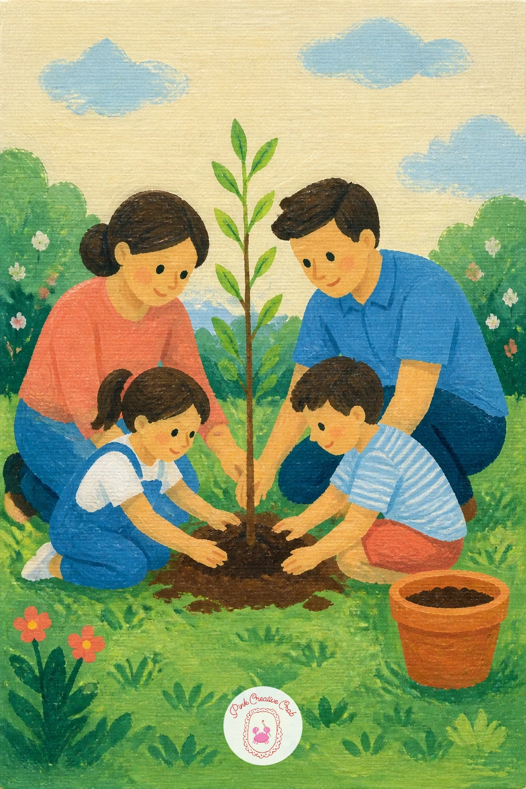 Family Planting a Tree in the Garden — Dig in with the ground first, a warm brown mound where the hole sits, surrounded by flat green grass blocked in around