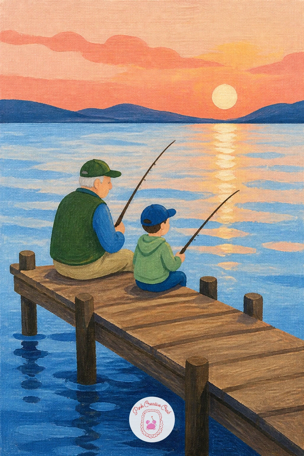 Grandfather Fishing With a Grandchild on a Pier — Lay the pier down as a simple wooden plank walkway cutting diagonally across the canvas, with calm blue water