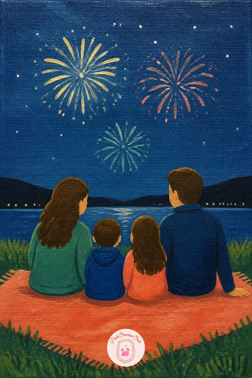 Family Watching Fireworks From a Blanket — Start with a dark sky, nearly all of the canvas, in deep blue-grey, since the fireworks need a dark field to read