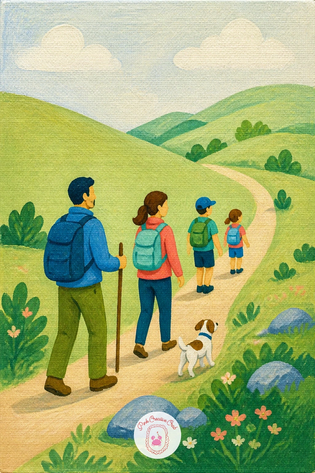Family Hiking With a Dog — Lay in the hillside as a few overlapping green shapes receding into a pale sky, with a thin brown path winding up through the