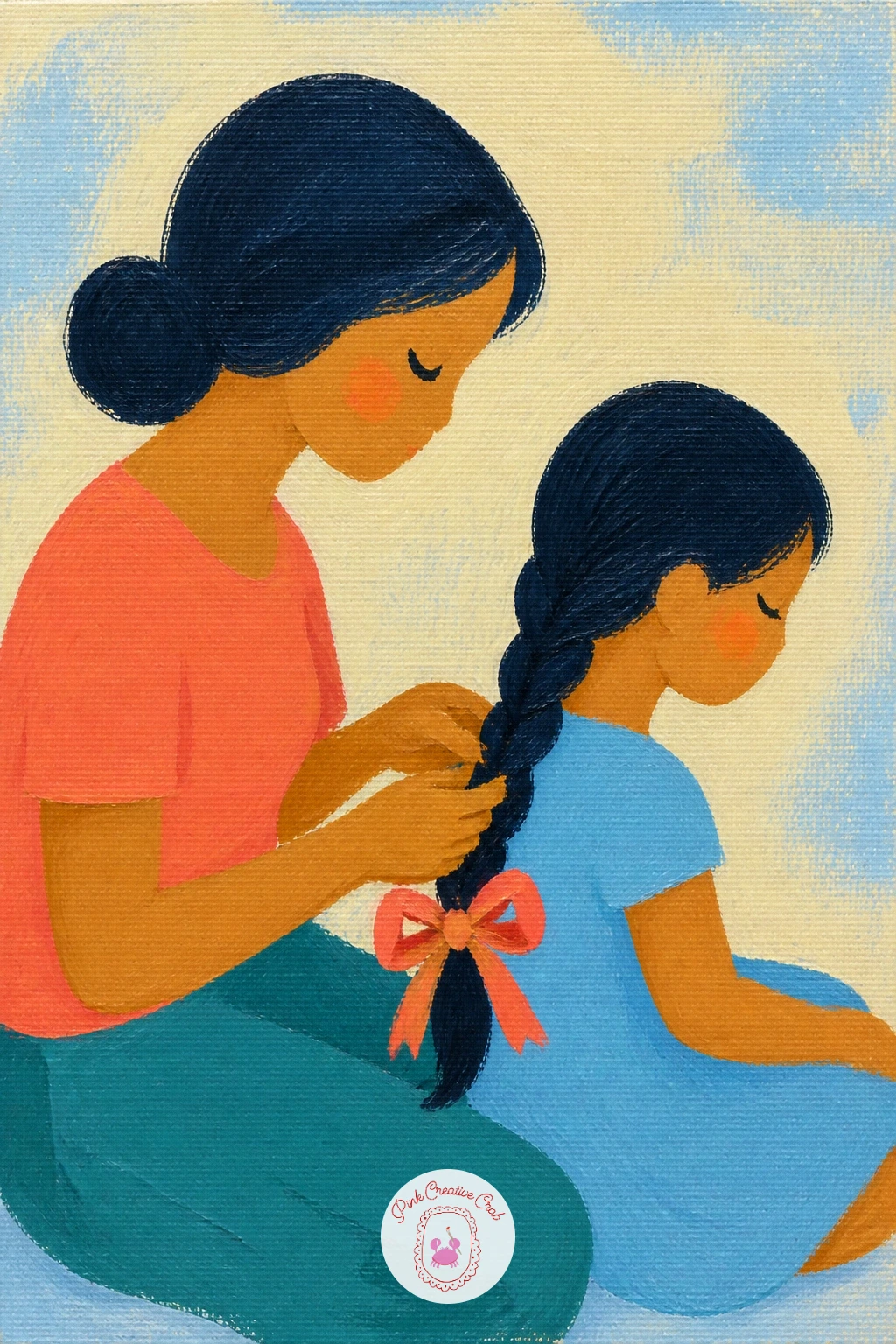 Mom Braiding Her Daughter's Hair — Paint the two figures close together first, mom seated slightly behind and above the daughter, since the height difference