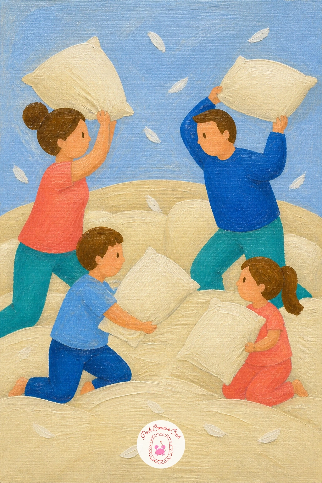 Family Pillow Fight — Paint the bed and room as a few flat pale shapes first, since this scene has enough energy in the figures that the background should stay