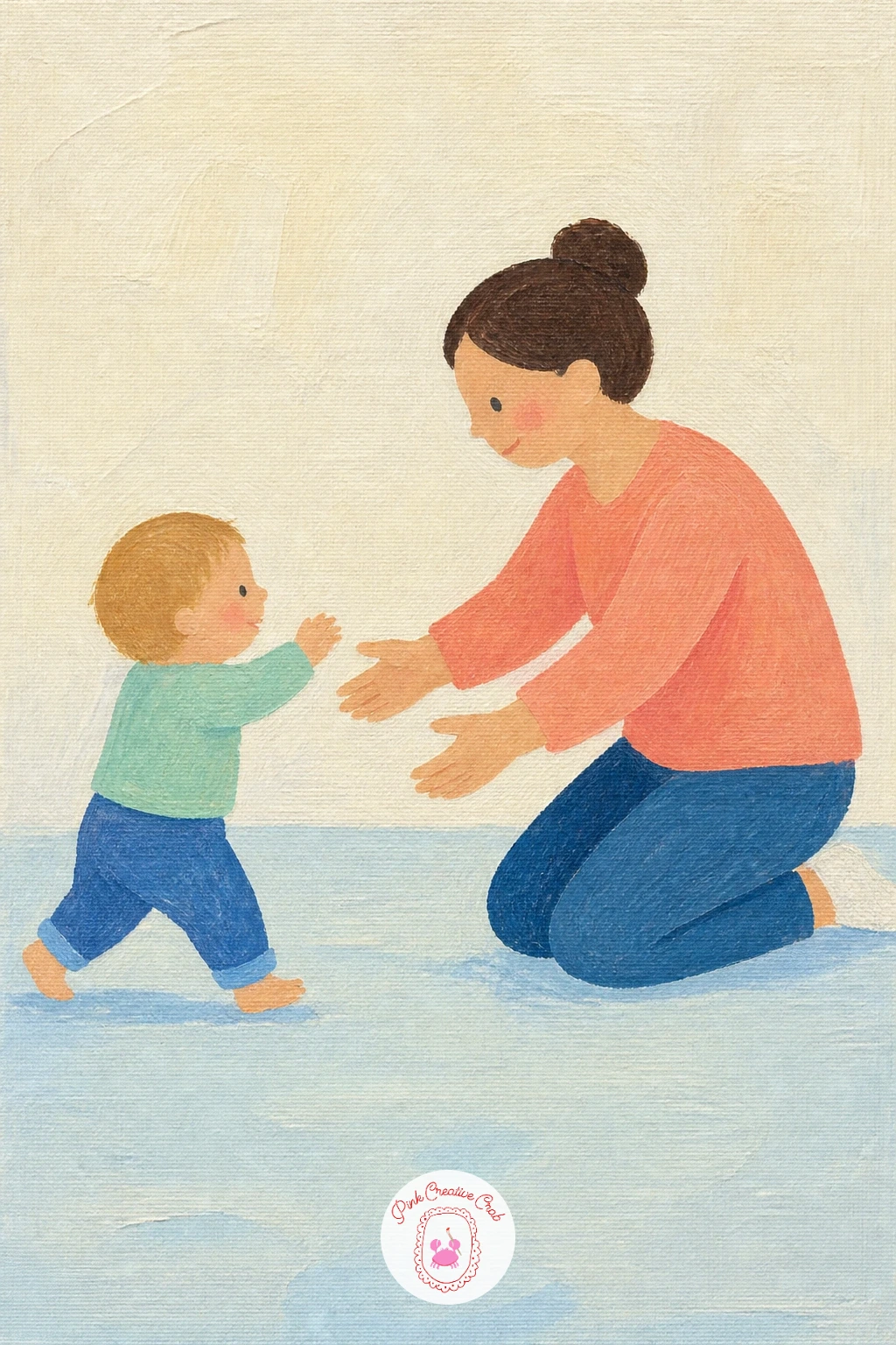 Toddler's First Steps Toward Mom — Keep the room almost bare for this one, just a pale floor and wall, so nothing competes with the two small figures at the