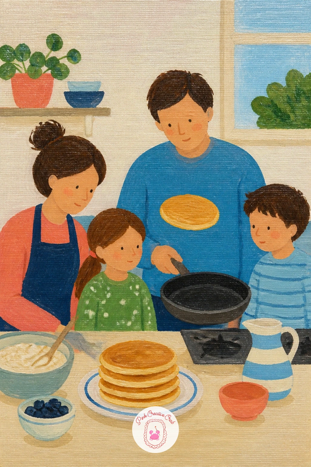 Family Making Pancakes on a Sunday — This scene moves the kitchen idea onto the breakfast table, so start with a cream counter and a stack of pancakes as a few