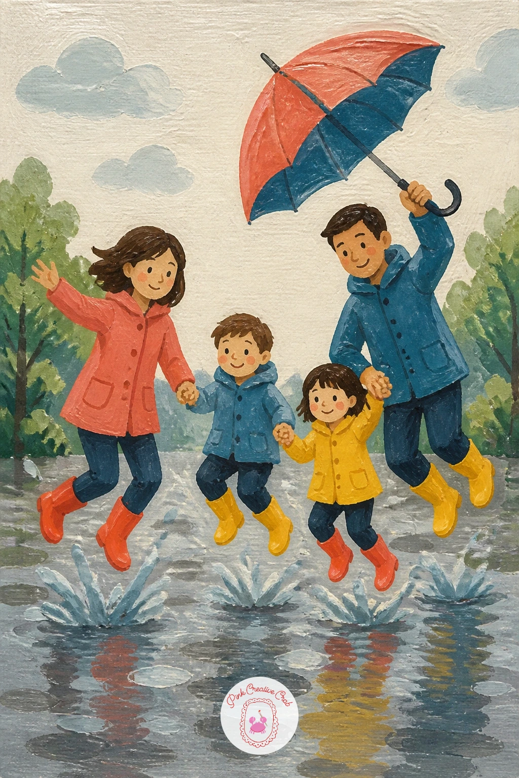 Family in Rain Boots Jumping in Puddles — Paint the ground first as a wet grey pavement with a few oval puddle shapes scattered across it, each puddle a