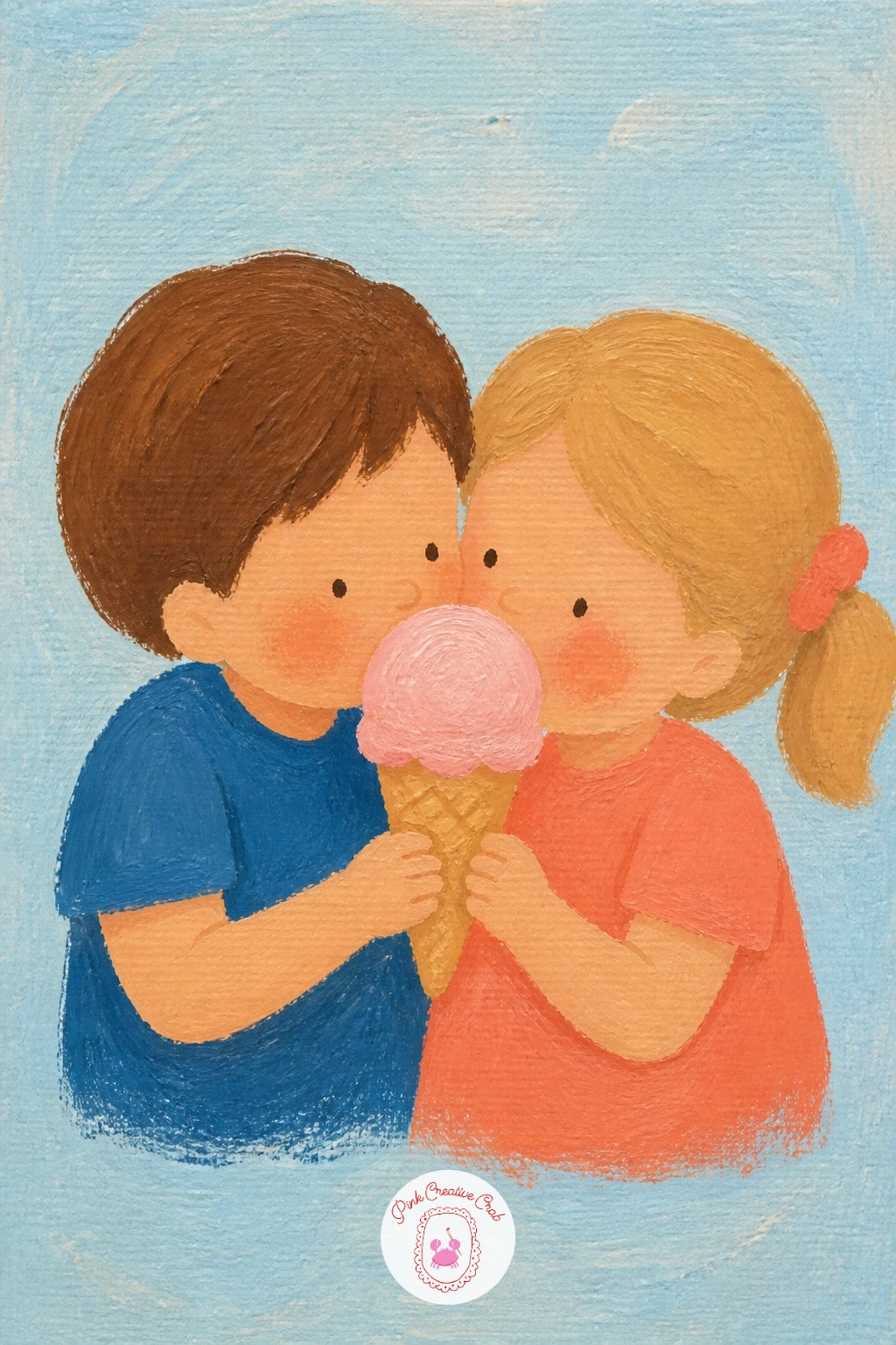 Siblings Sharing an Ice Cream Cone — Keep the background almost bare for this one, a flat pale coral or cream, since two small figures and a cone are plenty on