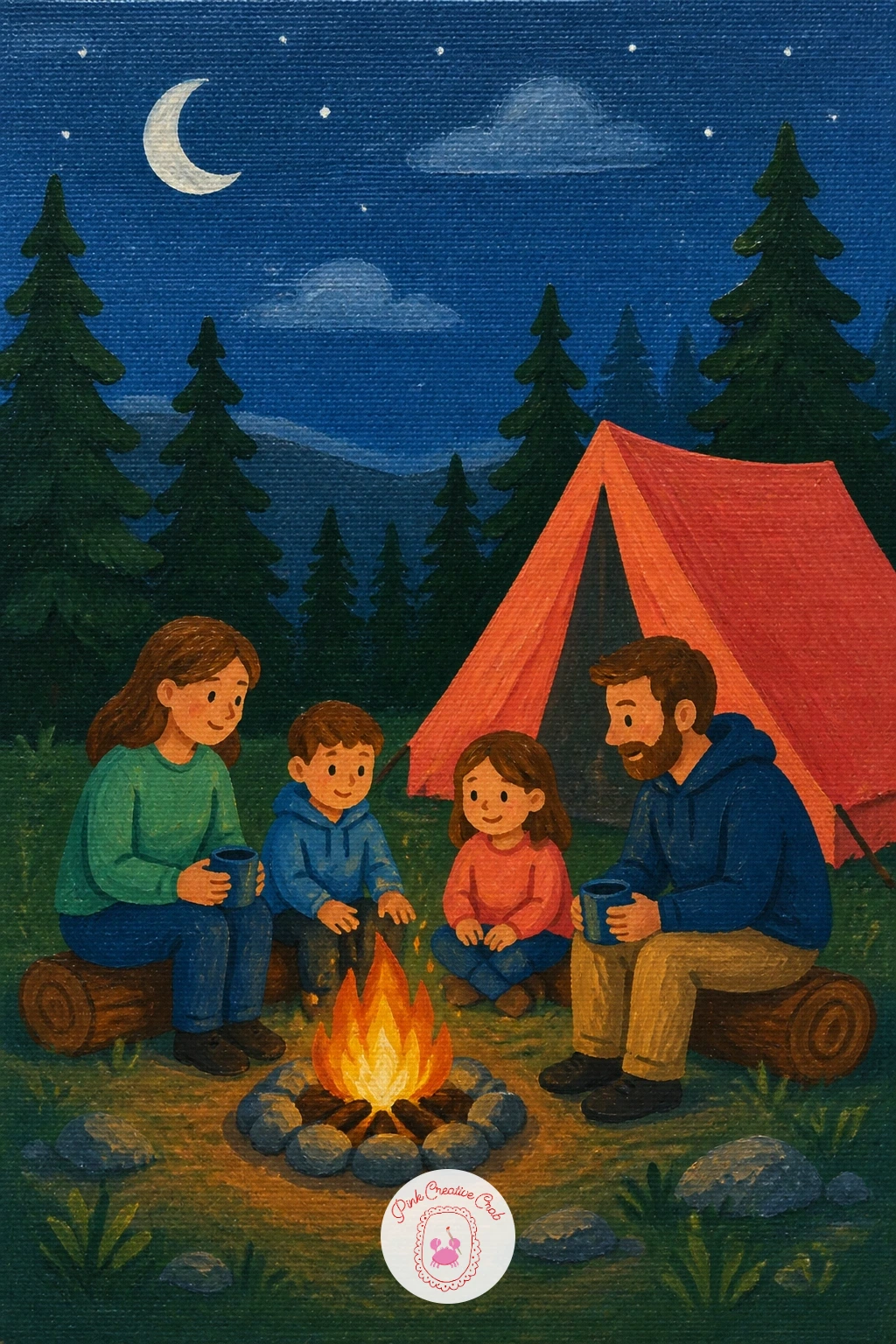 Family Camping by a Tent — Lay the ground down first as a simple dark green field with a pale path of flattened grass leading up to the tent. Family painting