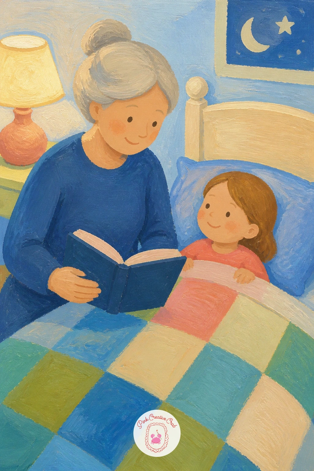 Grandmother Reading a Bedtime Story — Paint the bedroom as a few quiet shapes first, a bed corner, a small lamp with a warm glow, nothing more, since the point
