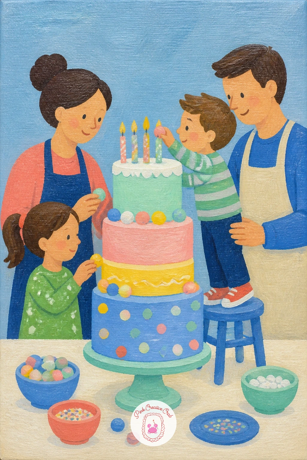 Family Decorating a Birthday Cake — Paint the cake first as the clear center of the canvas, two or three stacked rounded tiers in soft pastel colors, with a