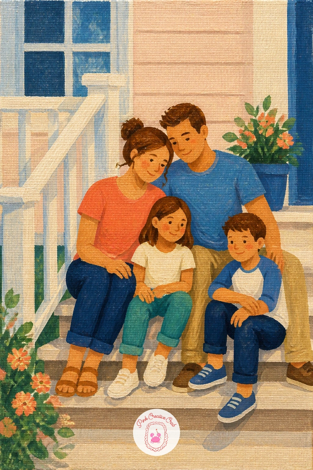 Family Sitting on Porch Steps — Paint the porch steps first as a simple stack of flat rectangles leading up to a doorway shape, in a warm wood tone, with the