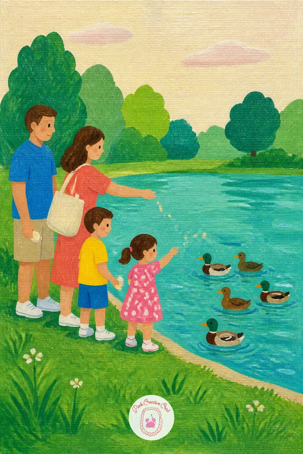 Family Feeding Ducks at a Pond — Lay the pond down first as a flat blue-green oval filling most of the lower canvas, with a thin band of green grass along the