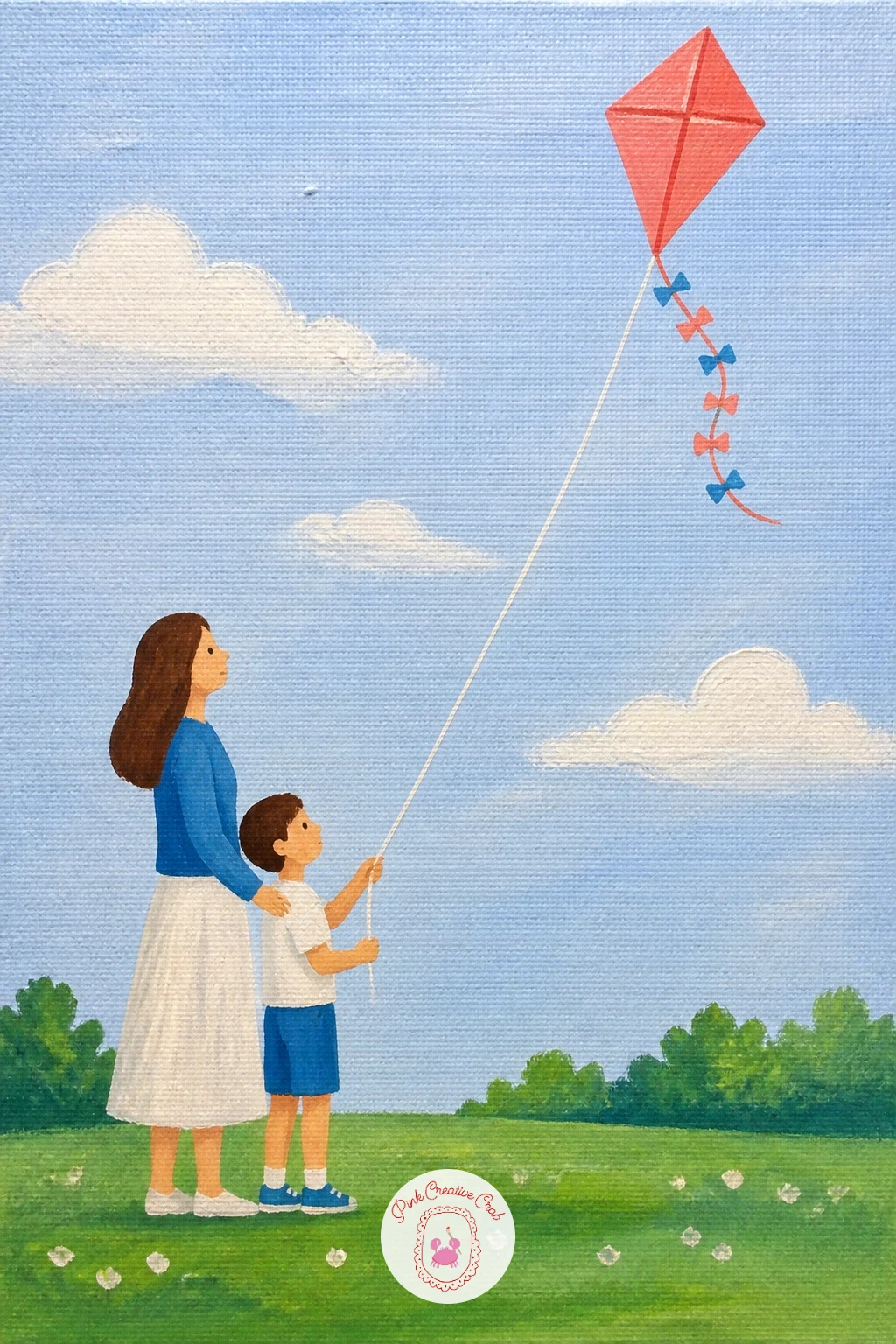 Mother and Son Flying a Kite — Paint the sky first, almost the whole canvas, in a soft gradient from pale blue at the top to a lighter cream near the horizon