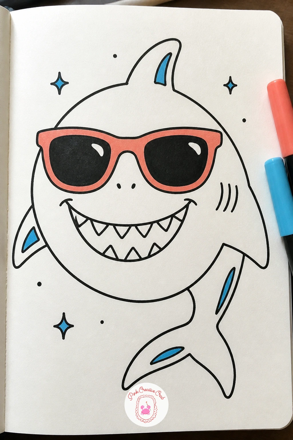 Smiling Shark With Sunglasses — Start the whole list with a smiling shark wearing sunglasses, the friendliest version of the shape you will draw today. Shark