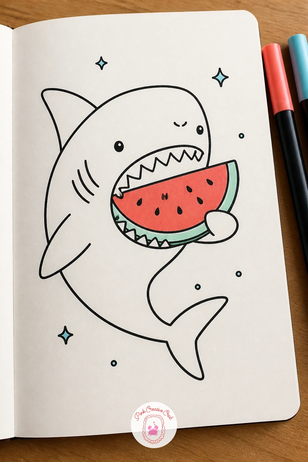 Shark Eating A Slice Of Watermelon — Give your shark a snack next: a shark eating a slice of watermelon, mouth wide open around a wedge nearly as big as its