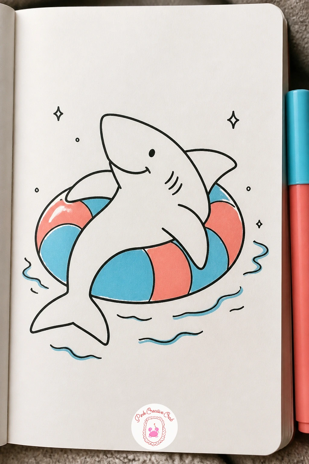 Shark In A Pool Float Ring — Take the shark out of open water and into a pool float ring, bobbing at the surface like it is on vacation. Shark doodle