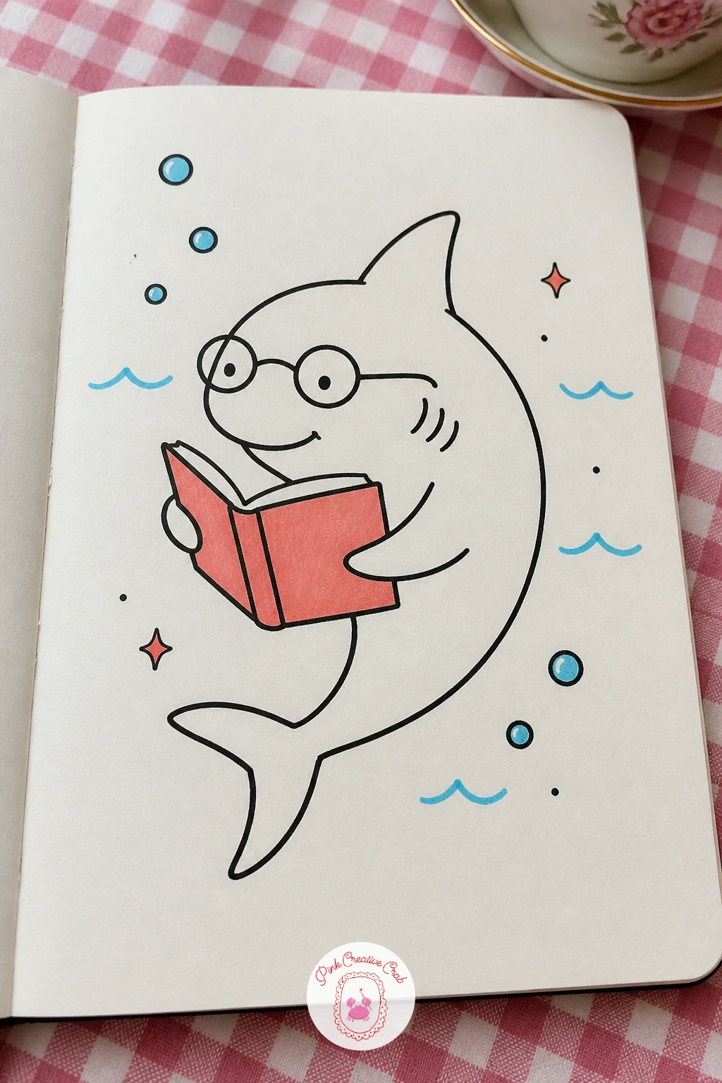 Shark Reading A Book Underwater — Give the shark a quiet moment with a shark reading a book underwater, propped up as if lounging on the seabed. Shark doodle
