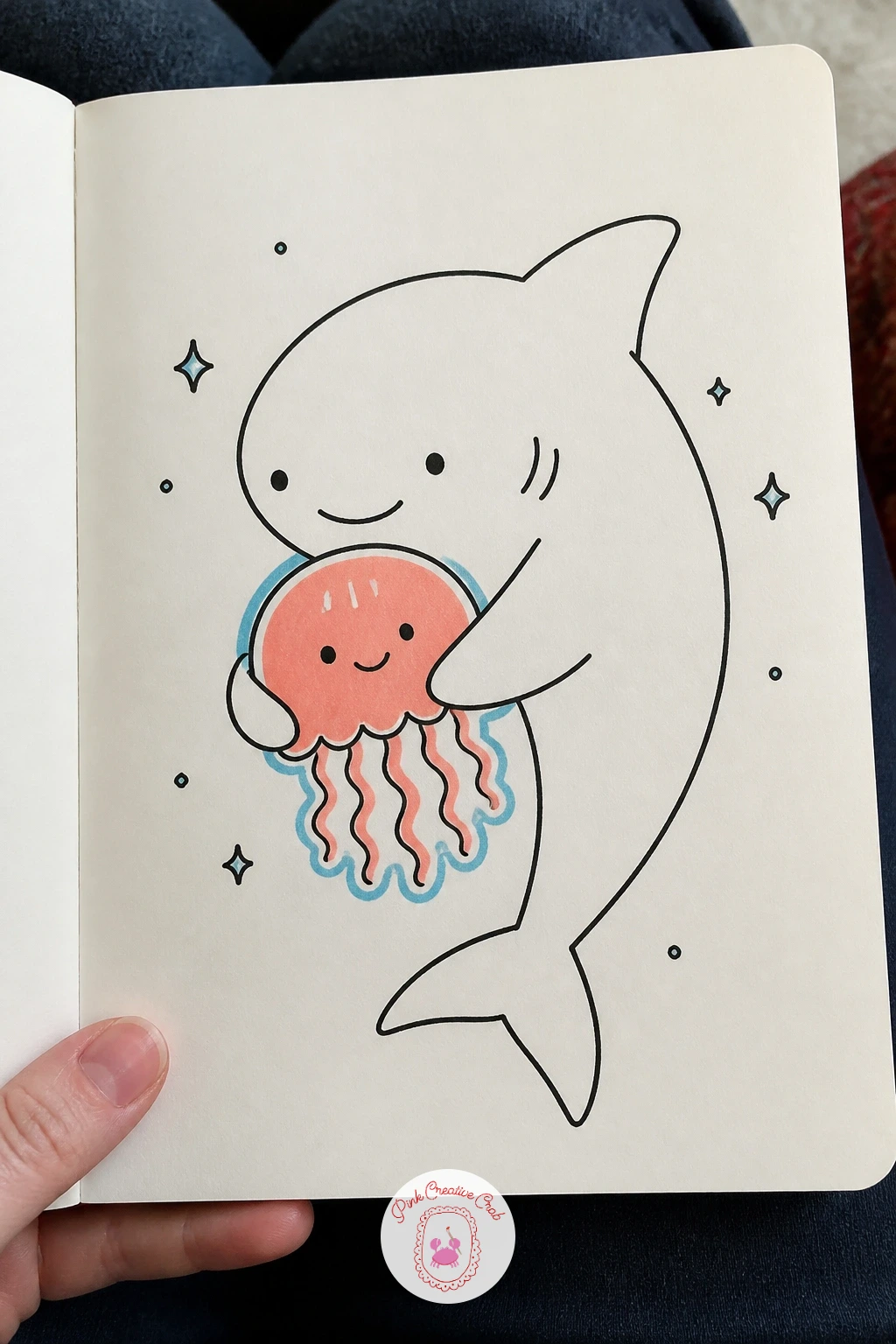 Shark Hugging A Jellyfish — Pair the shark with an unlikely friend for a shark hugging a jellyfish, two front fins wrapped gently around a round jellyfish