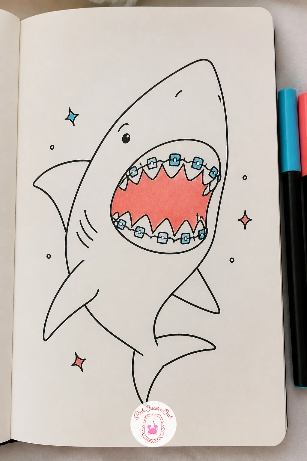 Shark With Braces On Its Teeth — Lean into the row of teeth for once instead of hiding it: a shark with braces, little metal brackets and a connecting wire