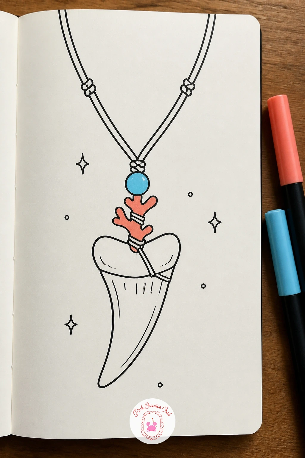 Shark Tooth Necklace — Zoom in on a small object for a shark tooth necklace, a single curved tooth shape hanging from a simple cord. Shark doodle