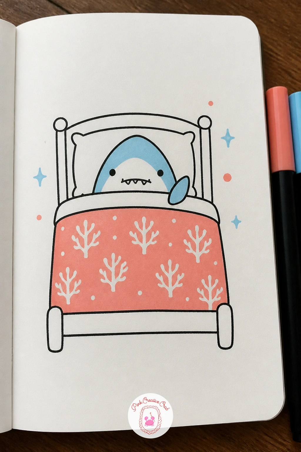 Shark Plushie In Bed — Soften the shark into an object for a shark plushie in bed, tucked under a blanket with just the head and a bit of the fin poking out.