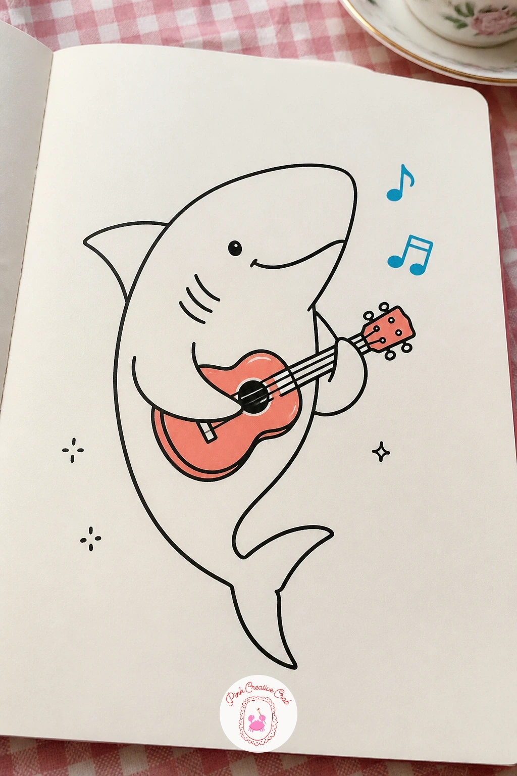 Shark Playing A Ukulele — Bring in some music for a shark playing a ukulele, one front fin strumming across a small four stringed body. Shark doodle