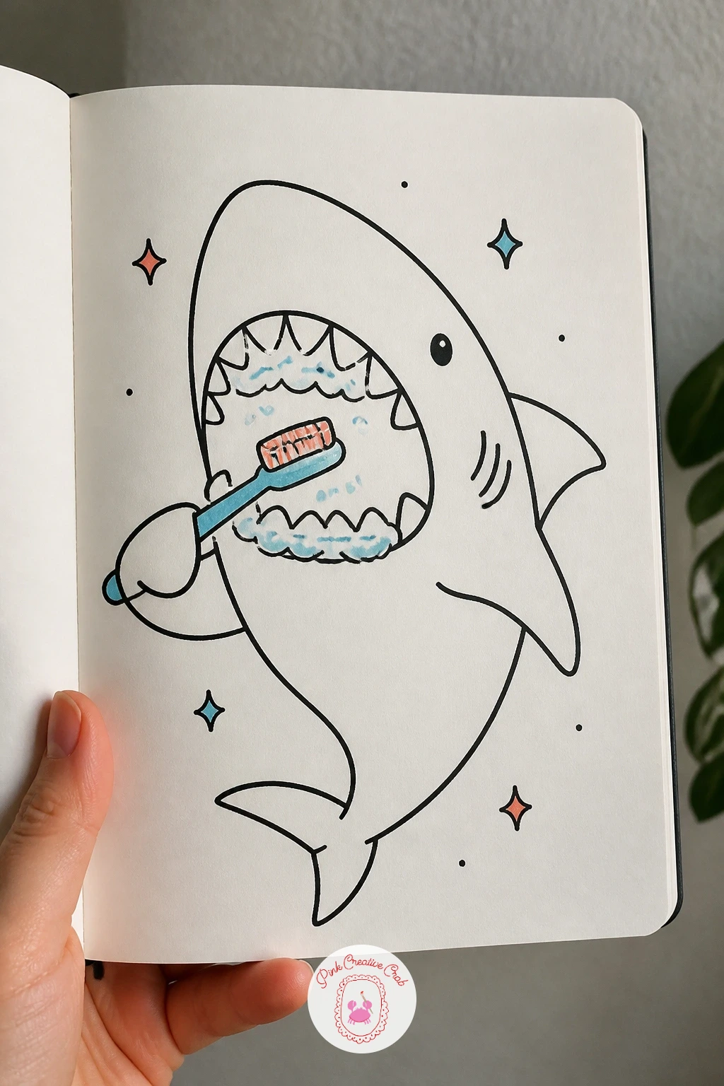 Shark Brushing Its Teeth — Loop back to that famous row of teeth for a shark brushing its teeth, toothbrush held up in one fin against an open grin. Shark