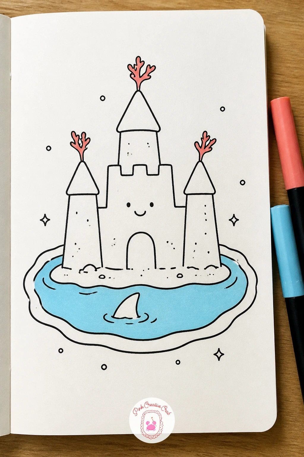 Shark In A Sandcastle Moat — Build a small scene for a shark in a sandcastle moat, poking up from a ring of water that circles a little sandcastle. Shark doodle