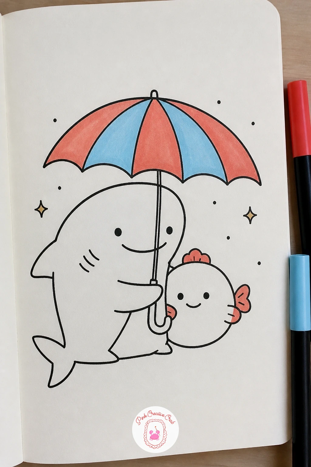 Shark And A Fish Sharing An Umbrella — Pair up two characters for a shark and a fish sharing an umbrella, both tucked under one open umbrella shape as if