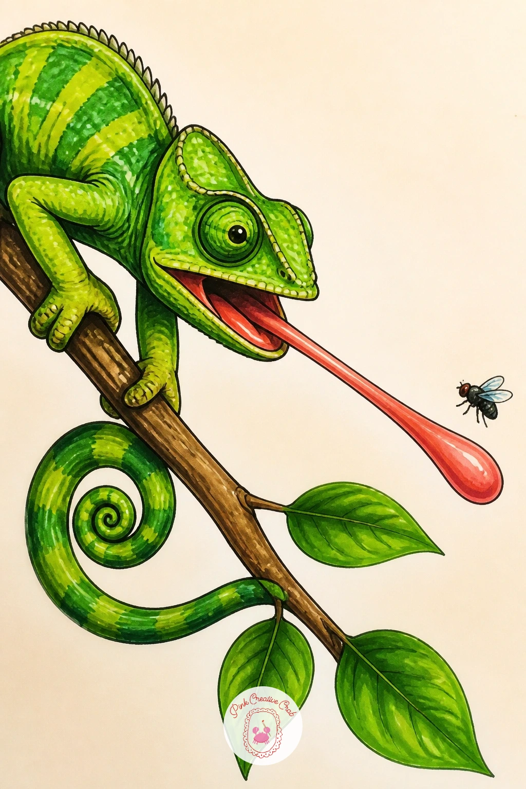 Chameleon Catching a Fly With Its Tongue — Catching a fly means the whole drawing centers on one dramatic diagonal, the tongue stretched taut from mouth to