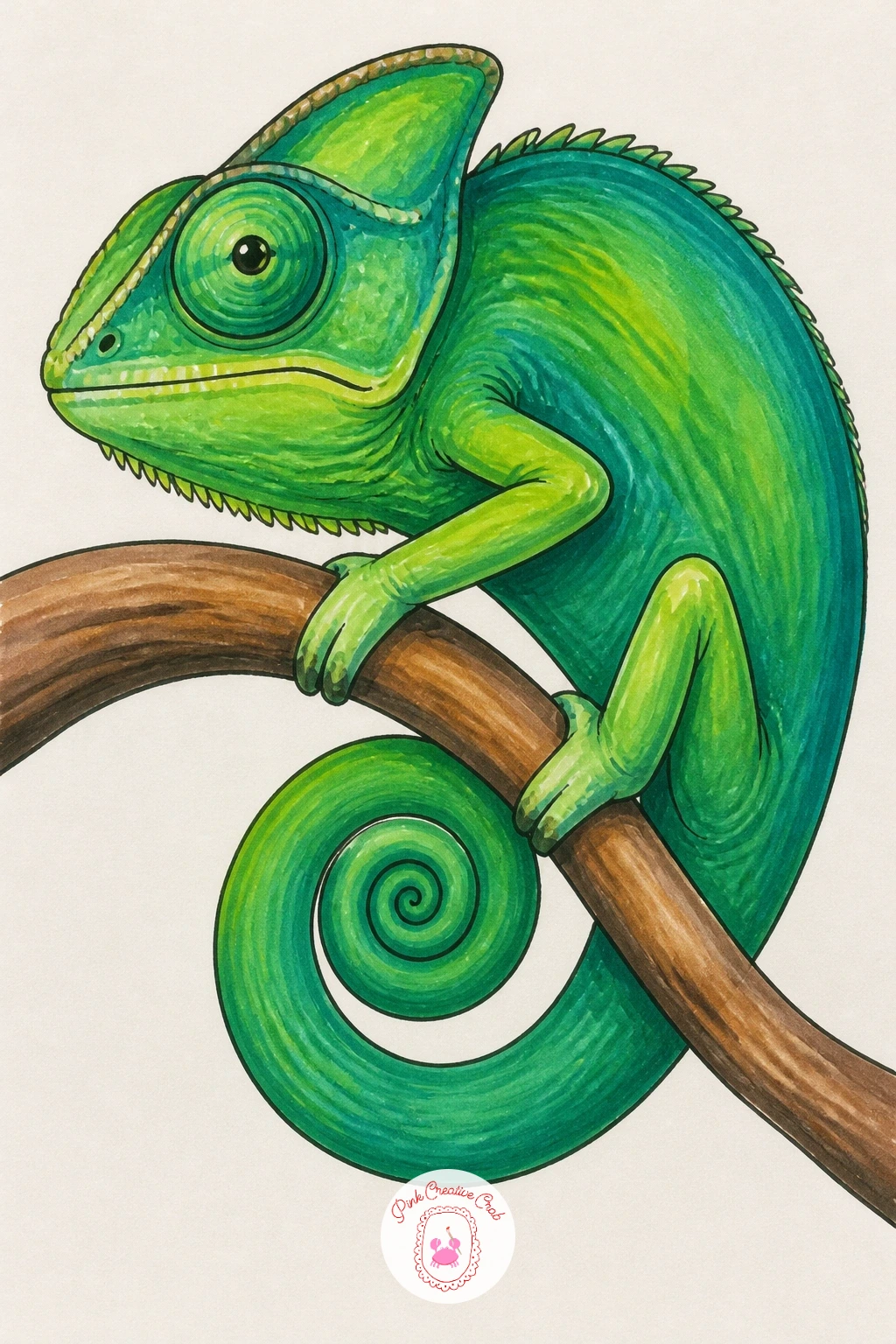 Chameleon Curling Tail Around Branch — Start with the branch, drawn as one gentle diagonal curve across the page, because everything else wraps around it.