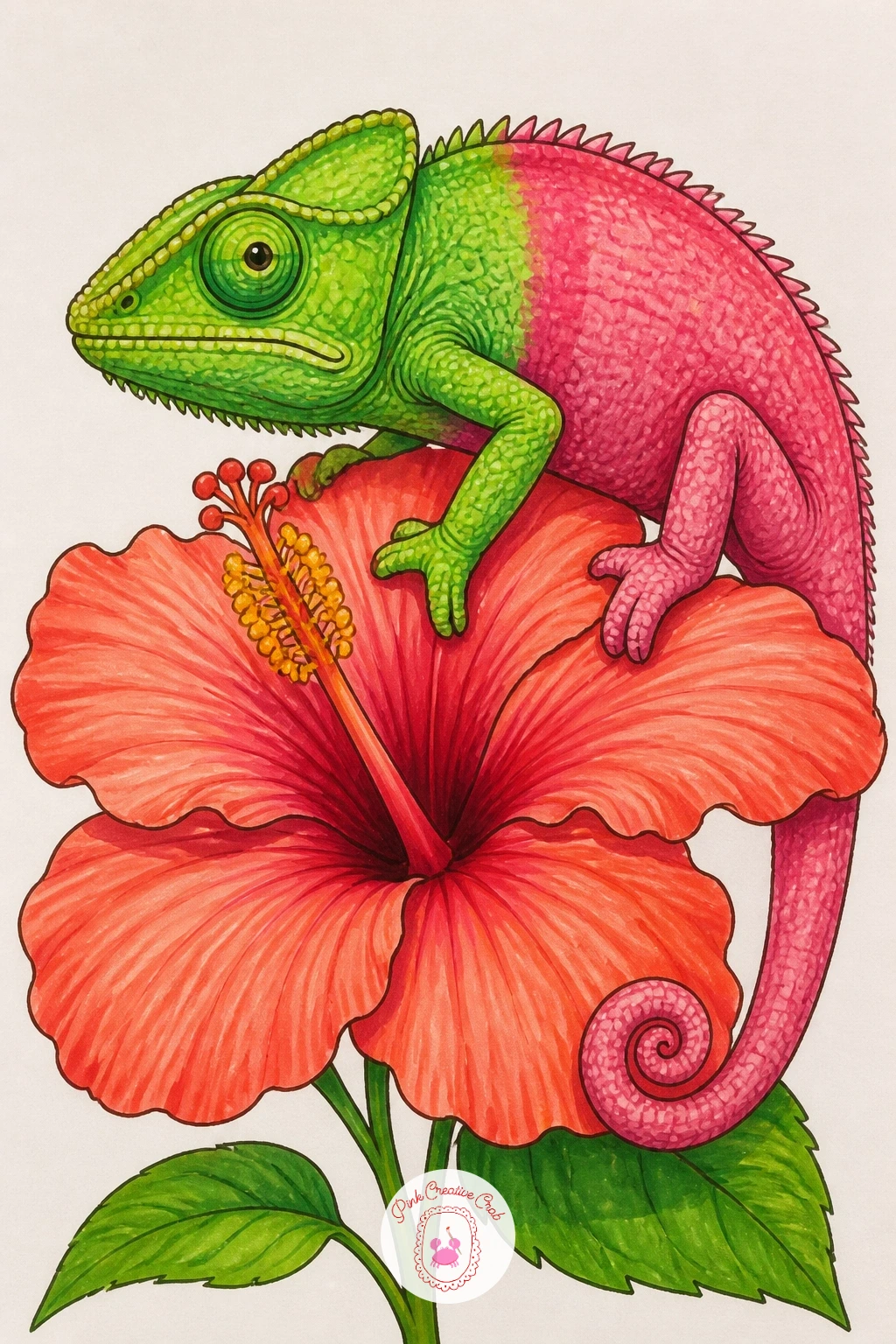 Chameleon Turning Pink on a Hibiscus — Follow the fly catcher with something calmer: a chameleon mid color change, half green and half pink, perched on a