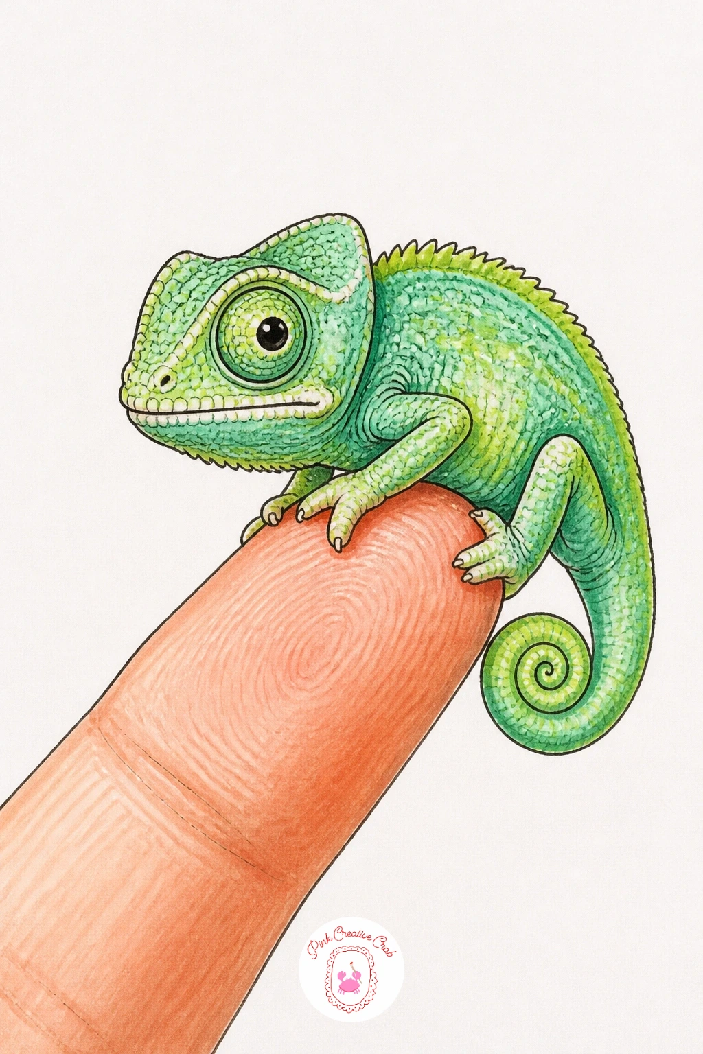 Baby Chameleon on a Fingertip — Scale down for this one: a baby chameleon small enough to balance on a single fingertip, which means most of the page is