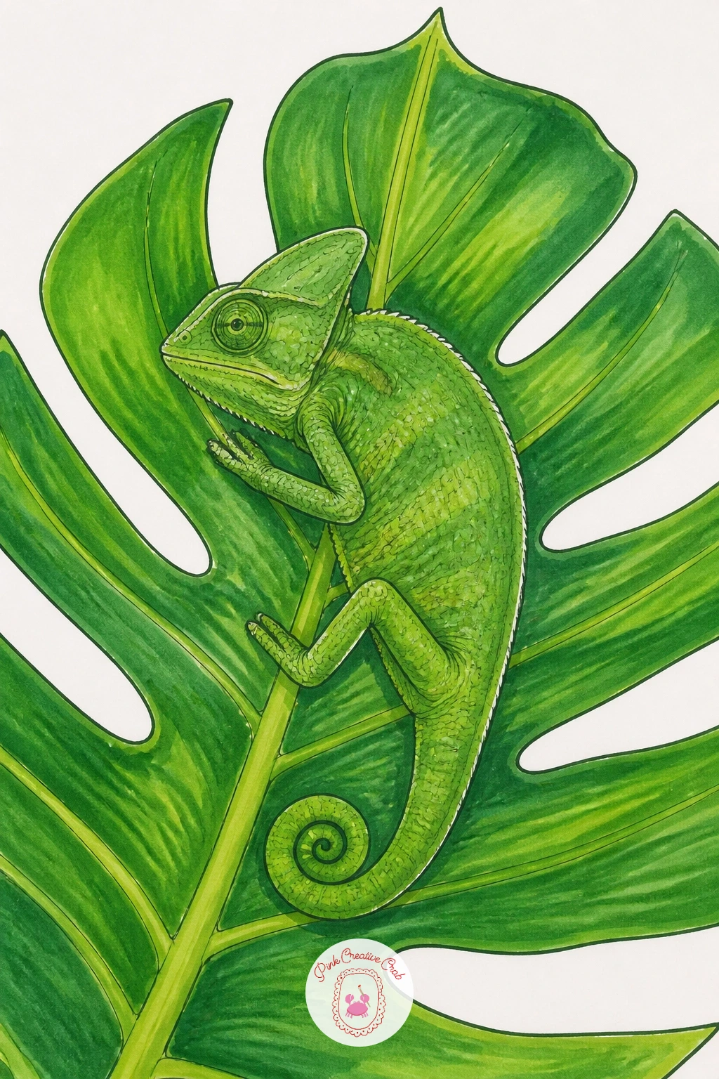 Chameleon Blending Into a Leaf — Here the trick is restraint: a chameleon so close in color to its leaf that only the outline gives it away. Chameleon drawing