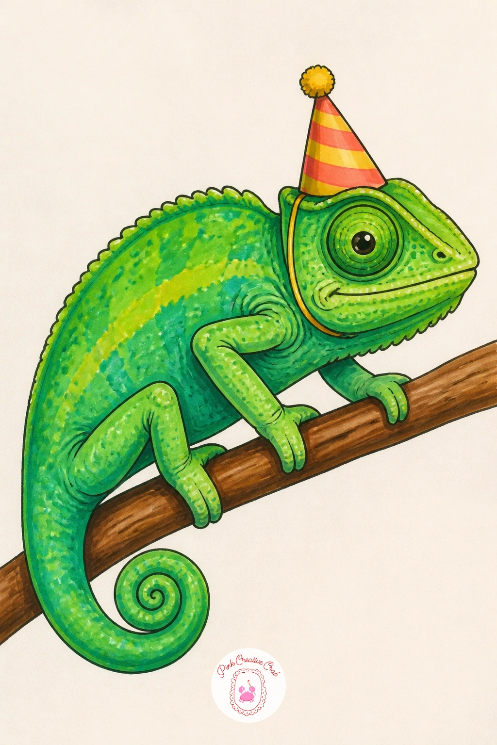 Chameleon Wearing a Tiny Hat — For a playful one, give your chameleon a tiny party hat, the kind of detail that makes a whole drawing feel like a greeting