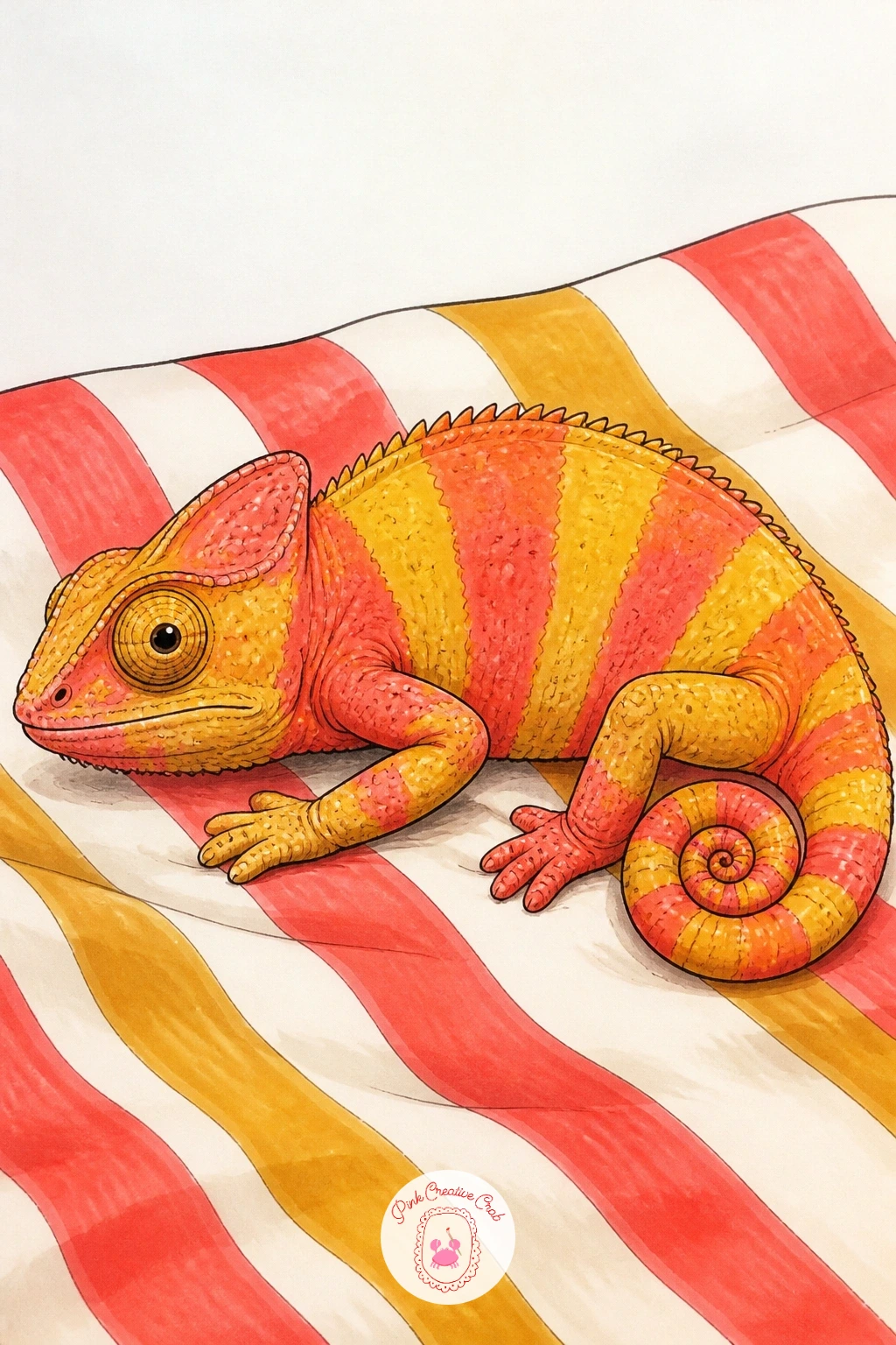 Chameleon Changing Color on a Striped Blanket — Move the lizard indoors for this one: a chameleon lounging on a striped picnic blanket, caught mid color change