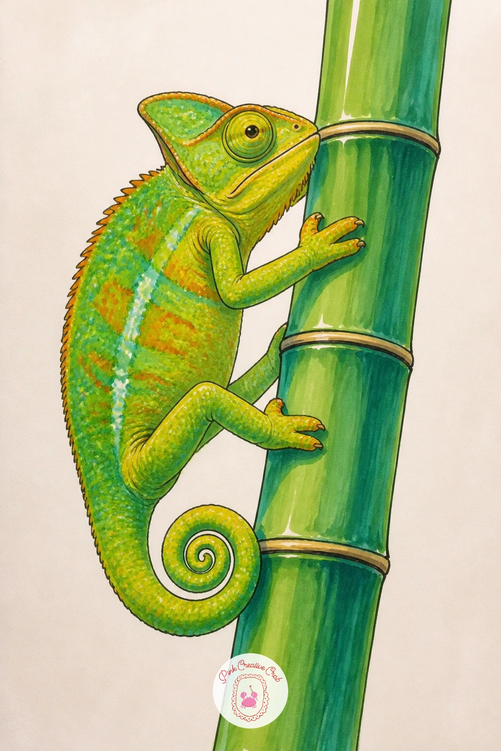 Chameleon Climbing a Bamboo Stalk — Bamboo gives you clean, graphic lines to play against the lizard's curves, so draw two or three tall bamboo stalks first