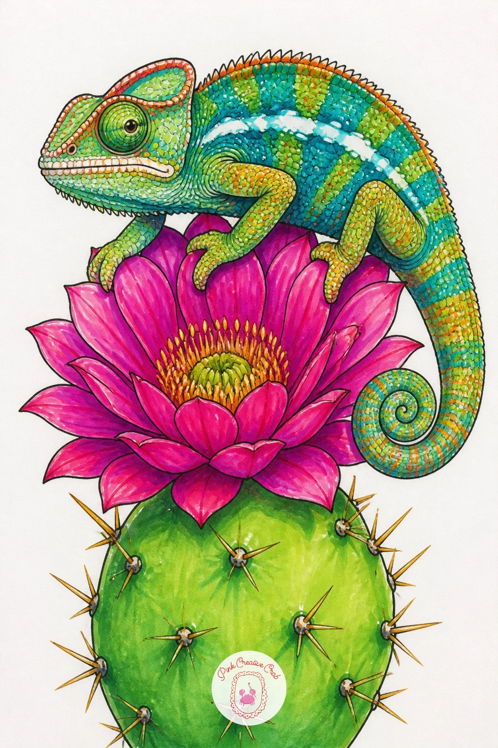 Chameleon on a Cactus Flower — Pair the lizard with a surprising habitat: a chameleon balanced carefully on a blooming cactus, feet avoiding the spines.