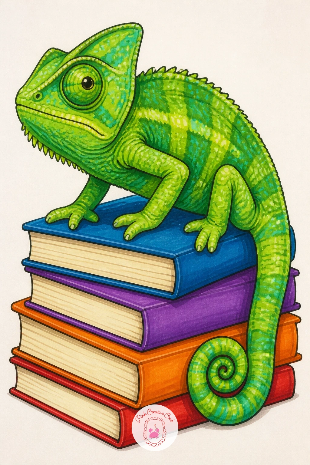 Chameleon Sitting on a Stack of Books — Bring the lizard indoors again with something a reader will enjoy: a chameleon perched on top of a small stack of